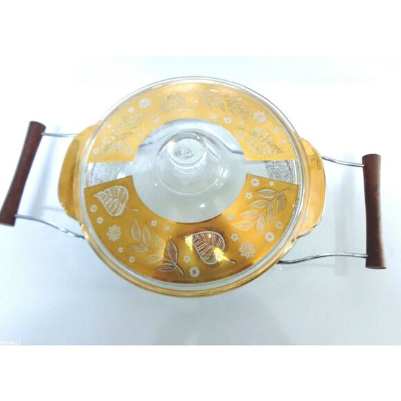 Vtg Mid-Century 22k Gold Leaf COVERED 2QT CASSEROLE DISH & STAND Fire King GVC! - Picture 10 of 10